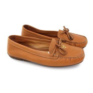 Prada Camel Tan Saffiano Leather Moccasin Loafers Driving Shoe Tie Logo 39.5